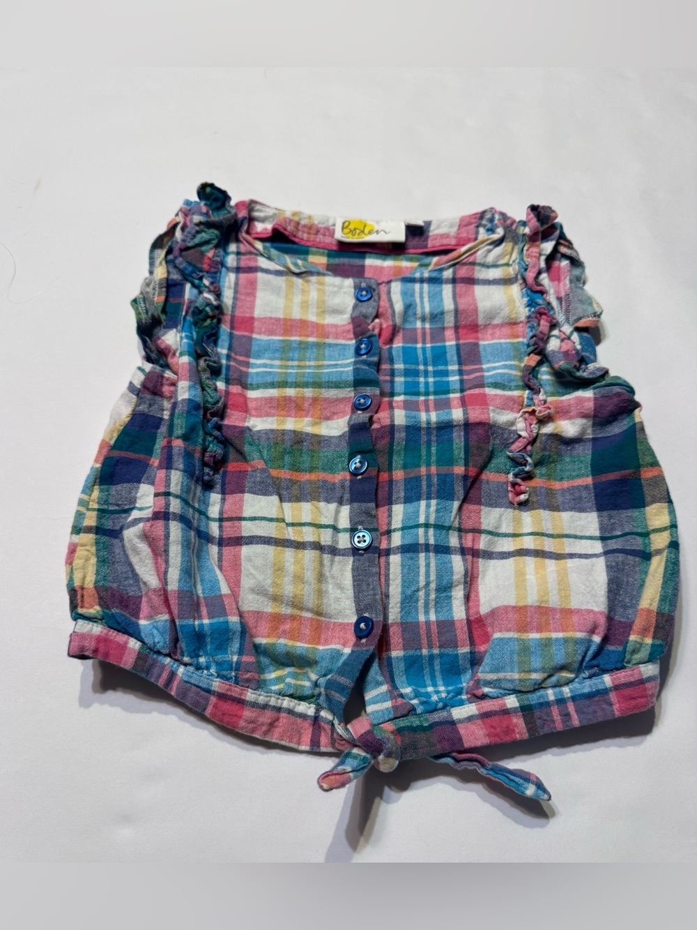 Boden Girls Plaid Tank Top 8-9 Y Rainbow Ruffle Tie Front